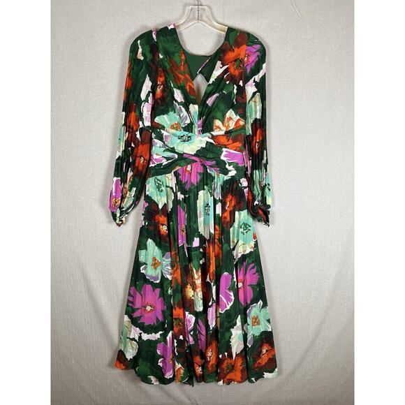 Anthropologie Size 6 Maeve Pleated Long Dress V Neck Green Floral Wedding Date - Picture 14 of 16